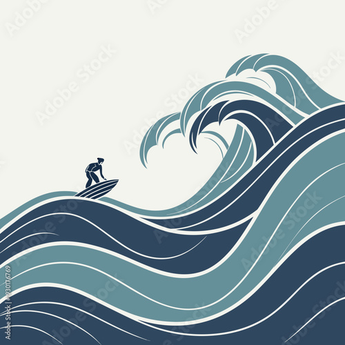 Surfer riding a giant wave in stylized abstract ocean, dynamic water illustration.