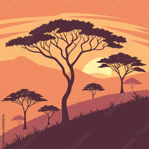 Serene African savanna scene at sunset with acacia trees and rolling hills, warm color palette.