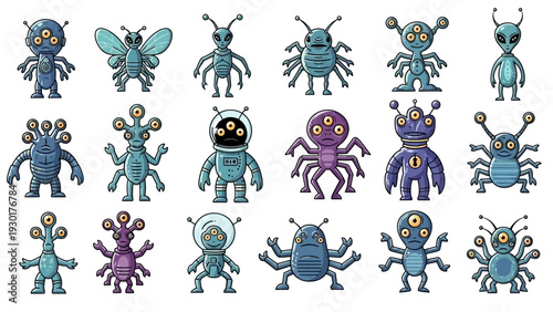 Collection of diverse alien and insect characters in various poses
