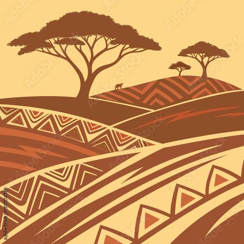 African Savannah Landscape with Acacia Trees and Tribal Patterns, Warm Earth Tones, Flat Design Illustration