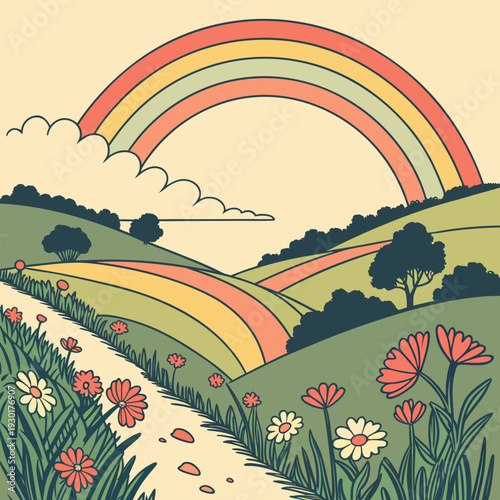 Whimsical landscape illustration with a retro rainbow, fluffy clouds, and blooming wildflowers on rolling green hills.