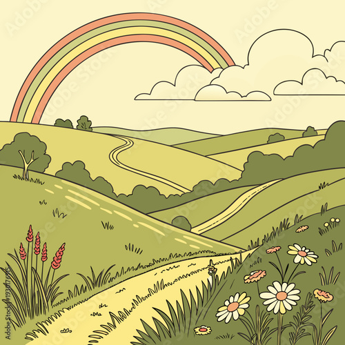 Idyllic illustration of rolling green hills, winding paths, and wildflowers under a retro rainbow and soft clouds.
