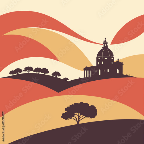 Stylized illustration of a domed building on a hilltop, with silhouetted trees and abstract wavy hills in warm, earthy tones.