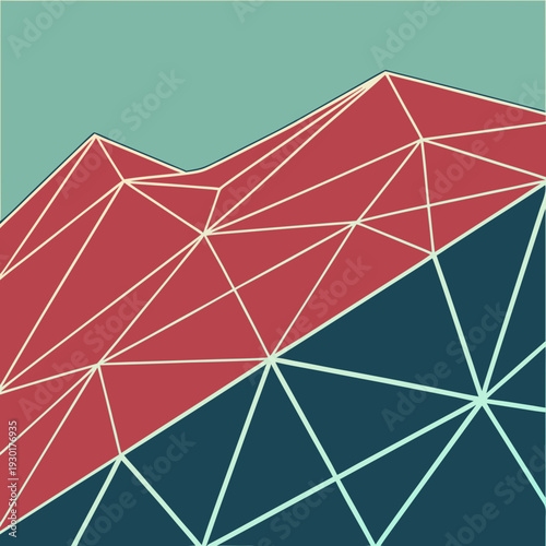 Modern abstract geometric illustration of mountain peaks in red and blue, with a minimalist polygonal wireframe overlay.
