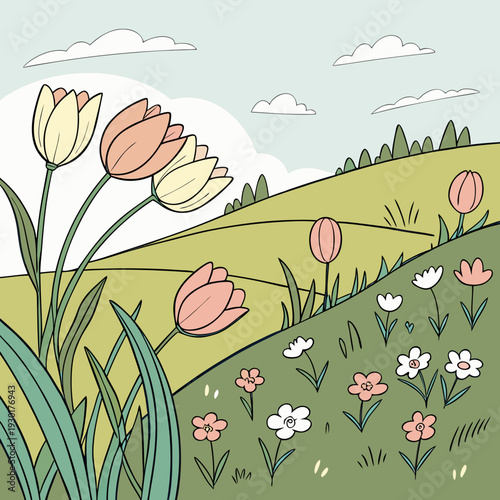 Charming illustration of a gentle green hillside with blooming tulips and daisies under a soft sky with stylized clouds.