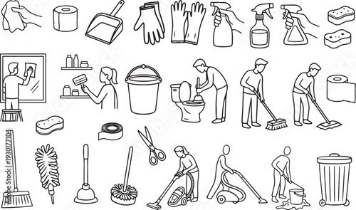 Hand-drawn icon set of common cleaning tools and supplies, featuring vacuum, mop, sponge, spray bottle, broom, dustpan, plunger, duster and cloth for household, janitorial and chore-related designs