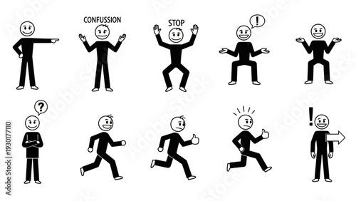 A set of stick figures with various expressions and gestures in a vector graphic