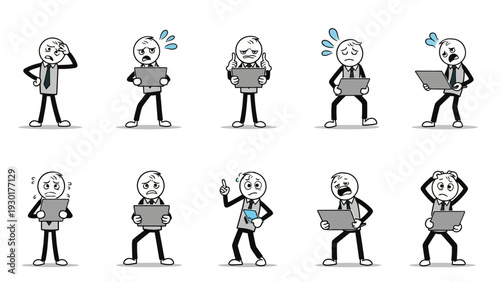 Frustrated businessman experiencing various emotions while working on laptop