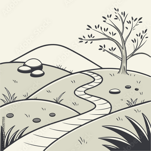 Whimsical illustration of a winding path through rolling hills with a lone tree and scattered stones, in a simple black and white line art style.
