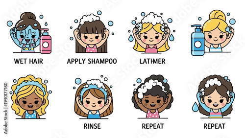 Vector illustration of a step-by-step guide to washing hair for kids