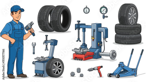 Cartoon mechanic with tools and equipment for tire repair and maintenance services