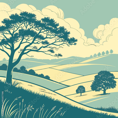Vintage pastoral landscape illustration with rolling hills, a large silhouette tree, and stylized clouds in a muted blue and yellow palette.