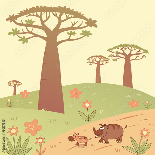 Whimsical African savanna scene with cartoon-style baobab trees, cute rhino and hippo characters, and colorful wildflowers.
