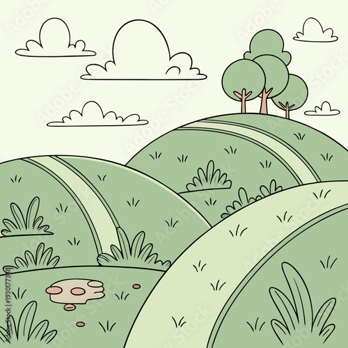 Charming cartoon illustration of green rolling hills with winding paths, trees and a small puddle under a cloudy sky