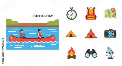 Camping and River Tourism Icons.