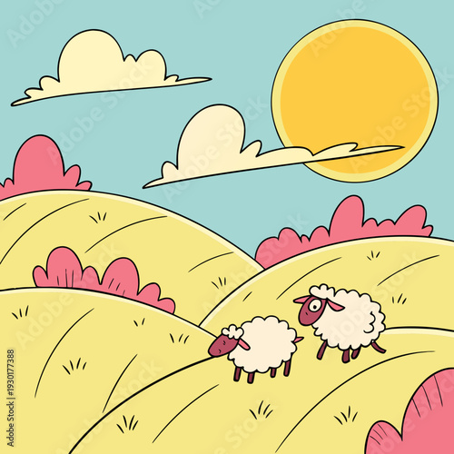 Cartoon illustration of rolling yellow hills under a bright sun with fluffy clouds and fluffy sheep grazing peacefully