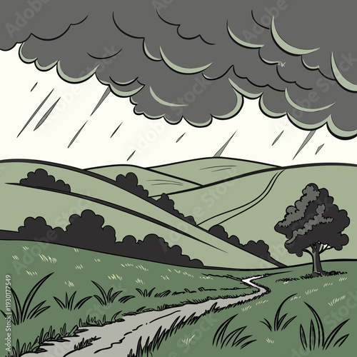 Dramatic stormy sky over green rolling hills with a winding path and a lone tree, atmospheric illustration
