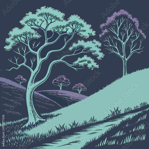 Stylized landscape with dramatic trees in turquoise and purple hues on rolling hills at dusk, moody illustration
