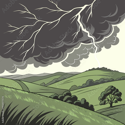 Intense lightning strike during a dark storm over green rolling hills, dramatic natural phenomenon illustration