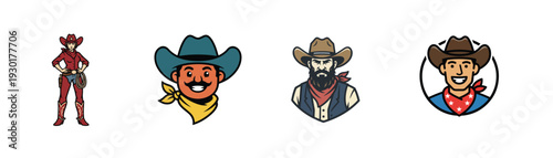 Collection of stylized cartoon cowboy characters and icons, featuring a full body female figure, and three distinct male portraits with hats and bandanas, evoking a Western theme.