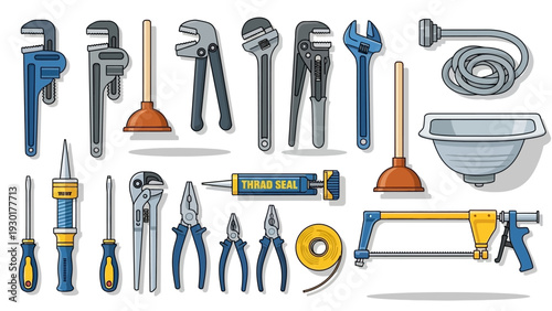 Colorful vector illustration of various plumbing tools and equipment for repair work