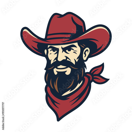 Intimidating bearded cowboy wearing a classic red hat and bandana, rendered in a bold, retro mascot style, conveying ruggedness and western spirit.