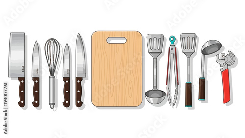 Kitchen utensils and cutting tools for cooking and food preparation on a white background