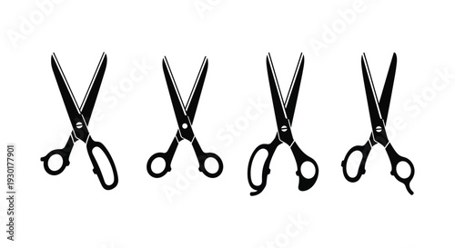 Collection of four different black silhouette vector graphic illustrations of open scissors