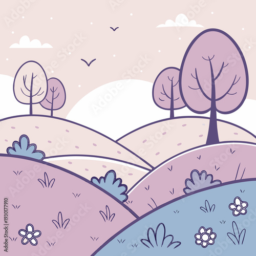 Whimsical cartoon landscape with soft pastel colors, gentle hills, trees, and flowers for a sweet, idyllic scene.