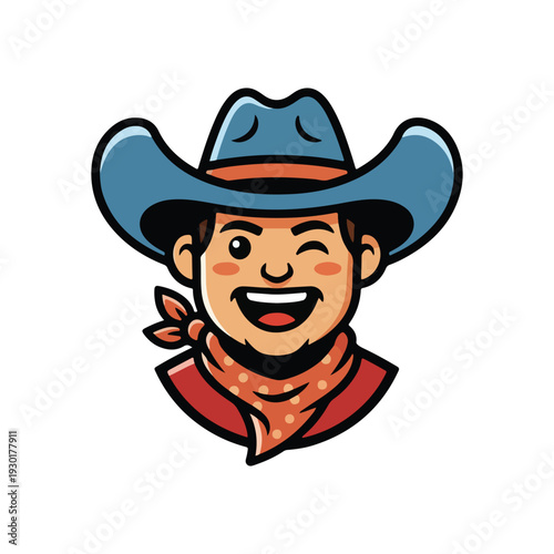 Intimidating bearded cowboy wearing a classic hat and bandana, rendered in a bold, retro mascot style, conveying ruggedness and western spirit.