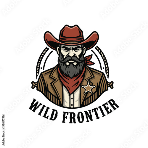 Intimidating bearded cowboy wearing a classic hat and bandana, rendered in a bold, retro mascot style, conveying ruggedness and western spirit.