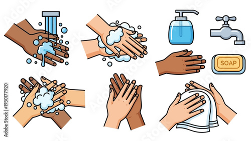 Vector graphic illustration of hands washing with soap and water in various steps