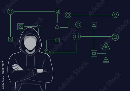 Hooded hacker figure standing in front of a green digital network