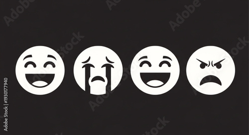 Emotions depicted through various facial expressions on white circles against a dark background.