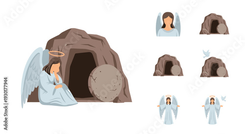 Angel Kneeling Outside Cave Entrance.