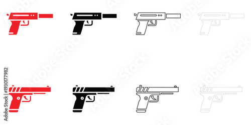 Gun pistol symbol icon vector, hand pistol gun icon vector, silhouette and line art