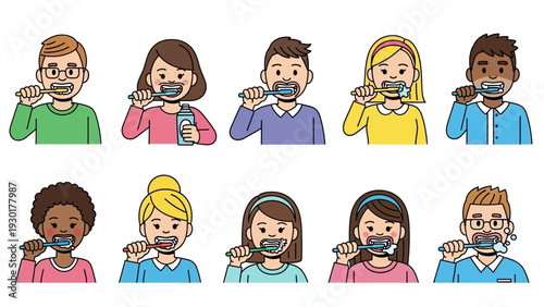 Diverse group of people brushing their teeth with colorful toothbrushes daily