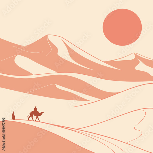 Caravan journey through a vast desert landscape at sunset with sand dunes and a large sun.