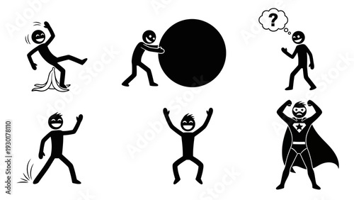 Vector graphic illustration of six happy stick figures in various dynamic poses and actions
