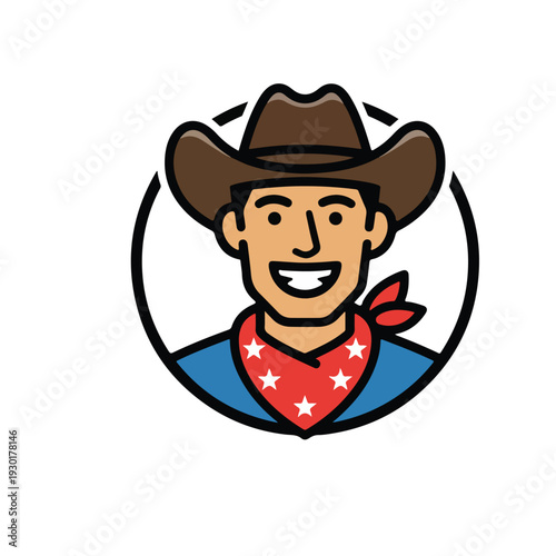 Emblematic Headshot of a Rugged Cowboy, Embodiment of the Wild West, Character Design with Bold Lines and a Serious Expression, Retro Americana Aesthetic
