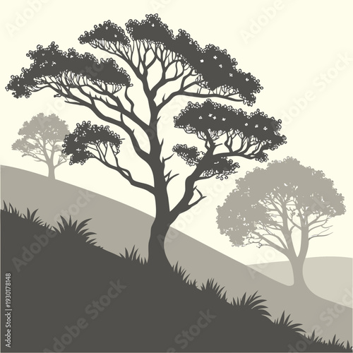 Silhouette of a large, textured tree against rolling hills and a light-colored sky in muted tones.