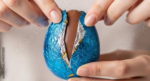 Hands breaking open a blue chocolate easter egg to reveal gold inside