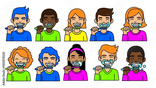 Diverse group of children brushing teeth with colorful toothbrushes and smiling faces happily