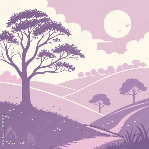 Softly colored landscape with a large silhouetted tree and rolling hills under a pale moon and gentle clouds, creating a dreamy atmosphere.
