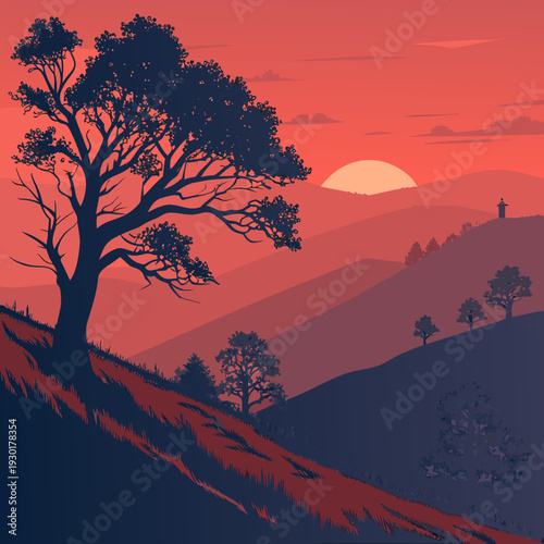 Serene sunset landscape with a prominent silhouetted tree on a hill, casting long shadows over rolling terrain in rich red and blue hues.