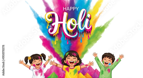 Happy Kids with Colorful Powder Celebrating Holi Festival. Joyful Children for Spring Marketing and Cultural Events.