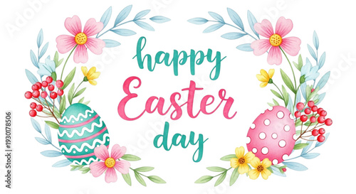 Happy Easter Day Greeting Card, Festive Floral Wreath with Decorated Eggs. Joyful Spring Holiday Graphic for Marketing.