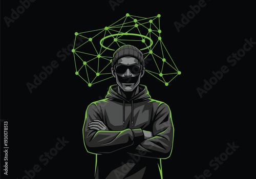 Hacker wearing hoodie and sunglasses with green digital network