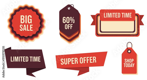 Vector  illustration of Set of red and dark sale badges and ribbon banners isolated on white background