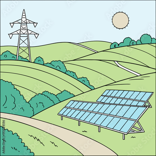 Modern renewable energy landscape with solar panels and a high-voltage power line tower in a vibrant green countryside under a sunny sky.